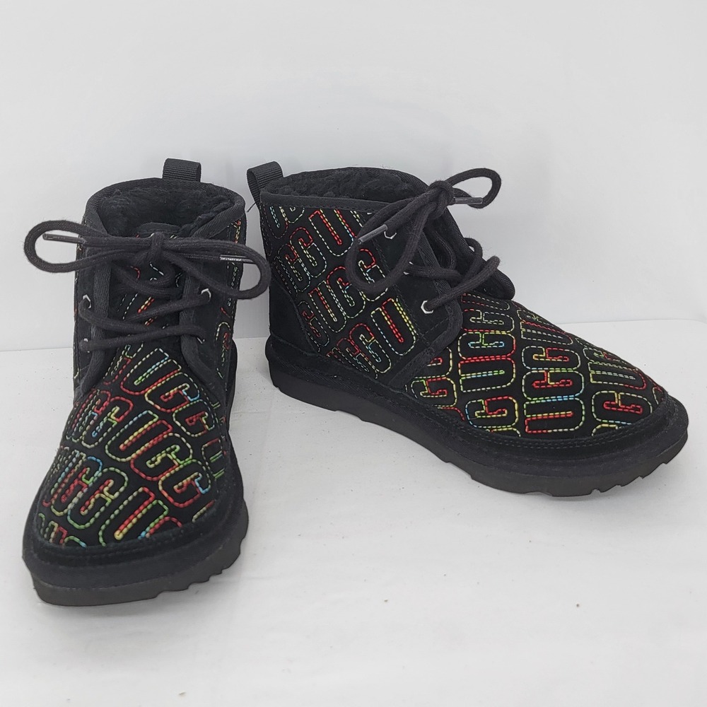 UGG Neumel Heritage Logo Black Suede Rainbow Embroidered Boots  Womens 5